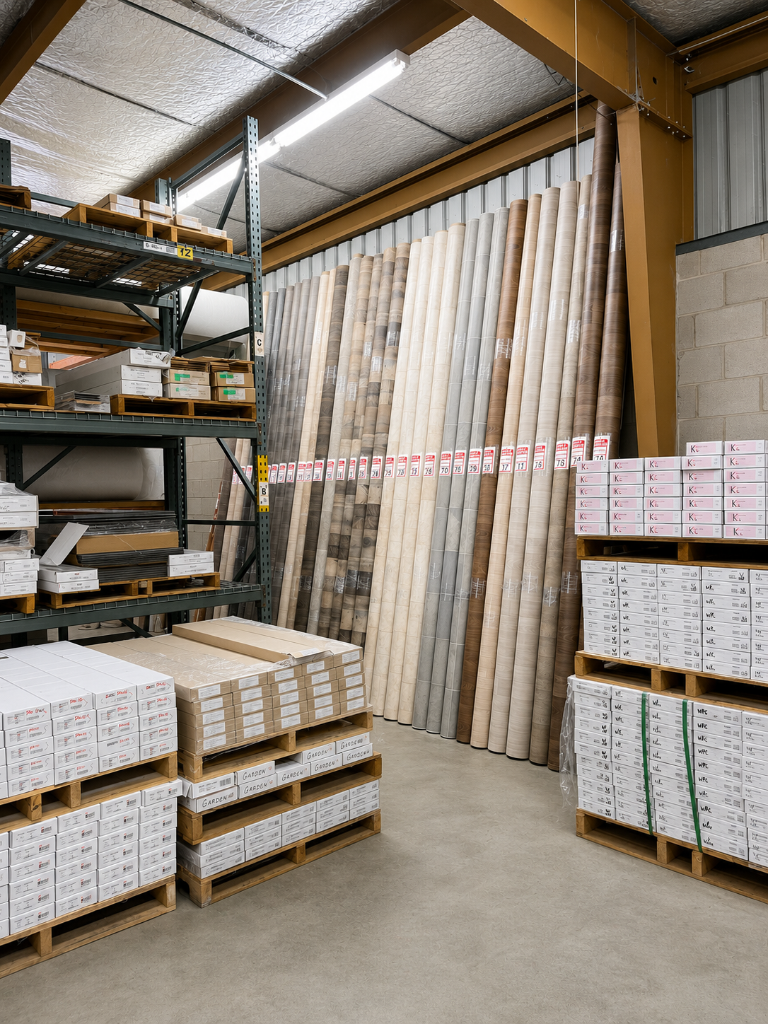 Warehouse aisle with stacked boxes, pallets, and tall boards leaning against a wall.