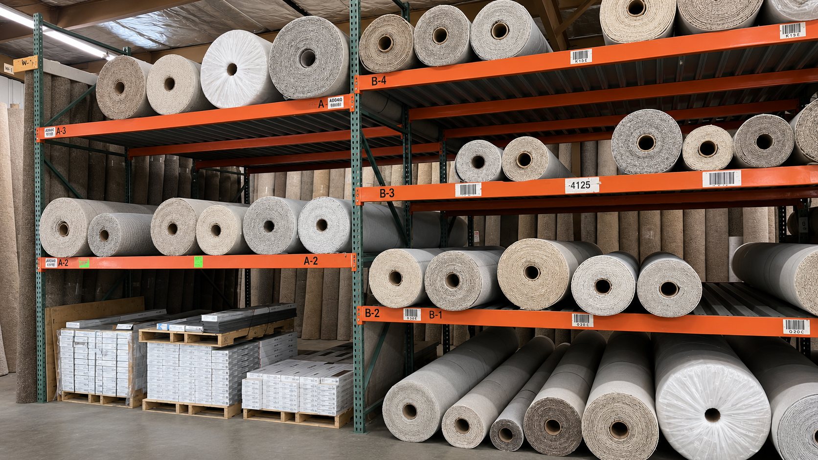 Shelved rolls of wire mesh and fencing stacked in a warehouse aisle