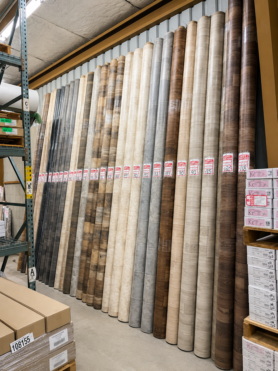 Rolled carpets and rug samples stacked upright in a warehouse aisle