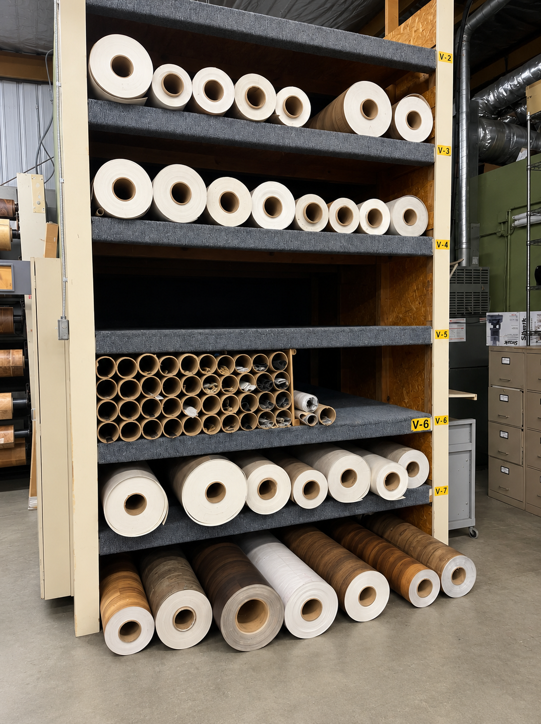 Industrial shelving stacked with rolls of white and brown material in a warehouse or factory.