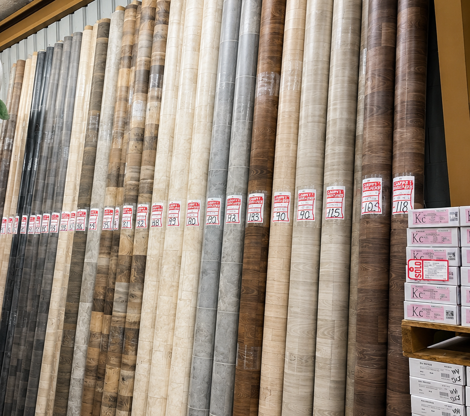 Rolls of carpet or fabric stacked upright in a store aisle, mostly beige and gray tones.