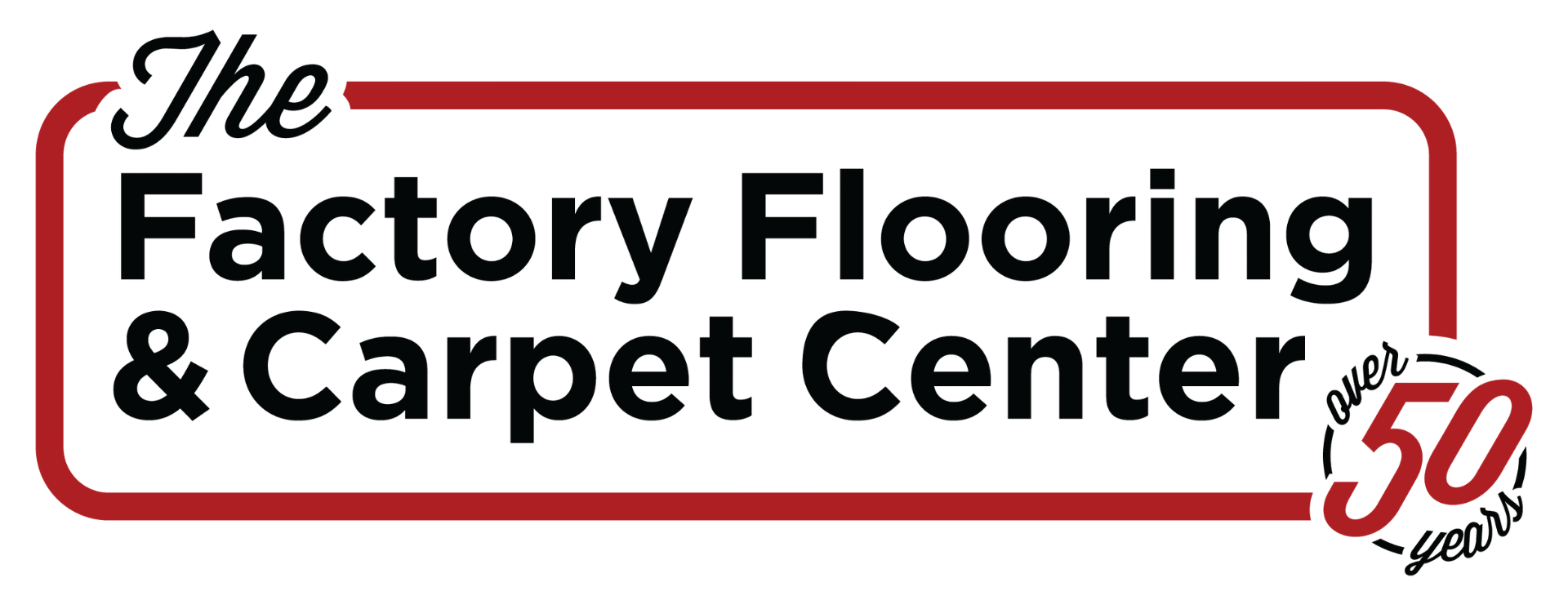 The Factory Flooring & Carpet Center logo in black and red with a “50 years” mark