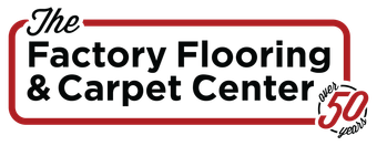 The Factory Flooring & Carpet Center logo in black and red with a “50 years” mark