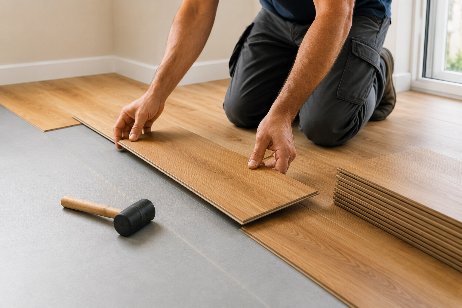 Person installing laminate flooring with a mallet and stacked wood planks on a hardwood floor
