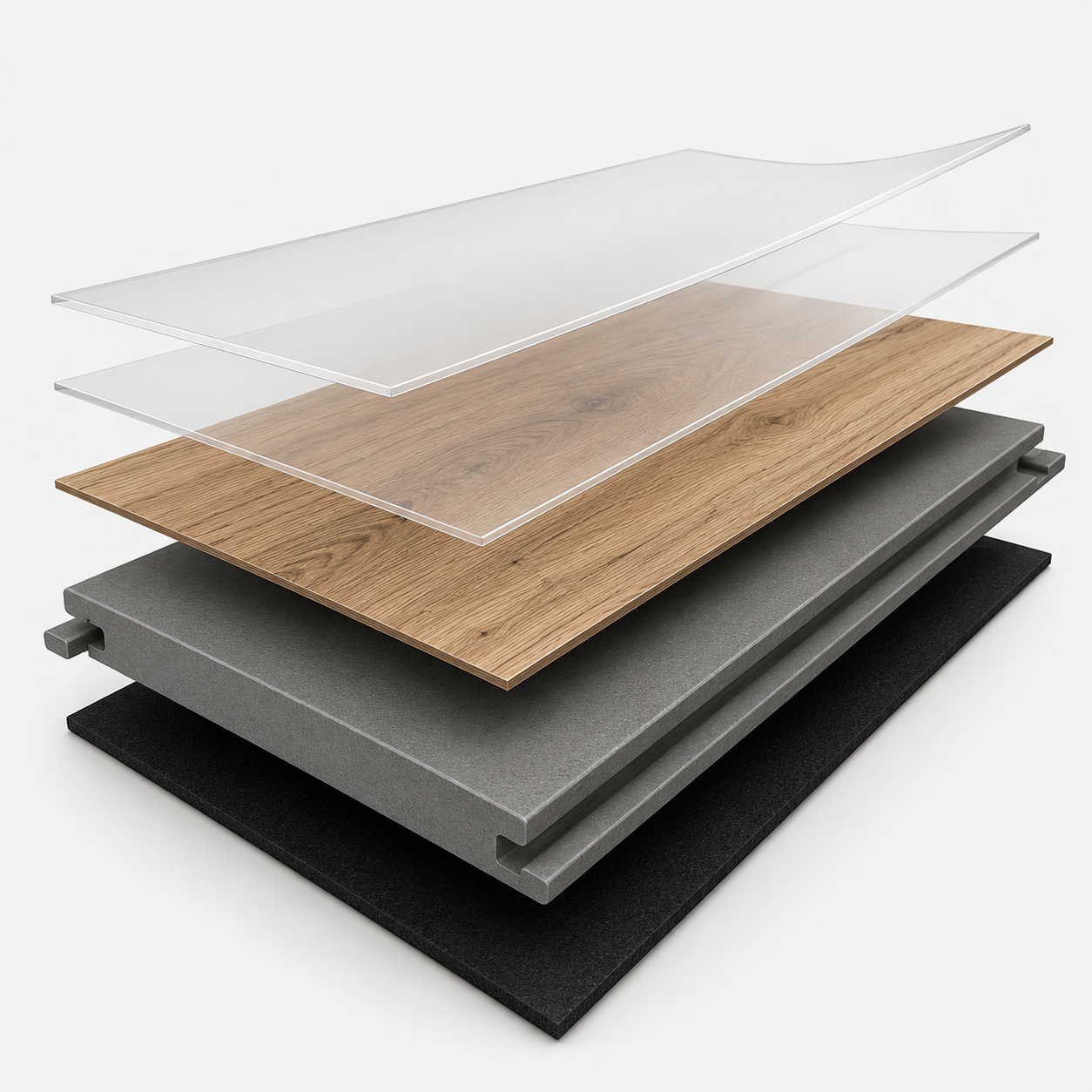 Stacked layers of flooring materials in gray, black, wood grain, and translucent white panels