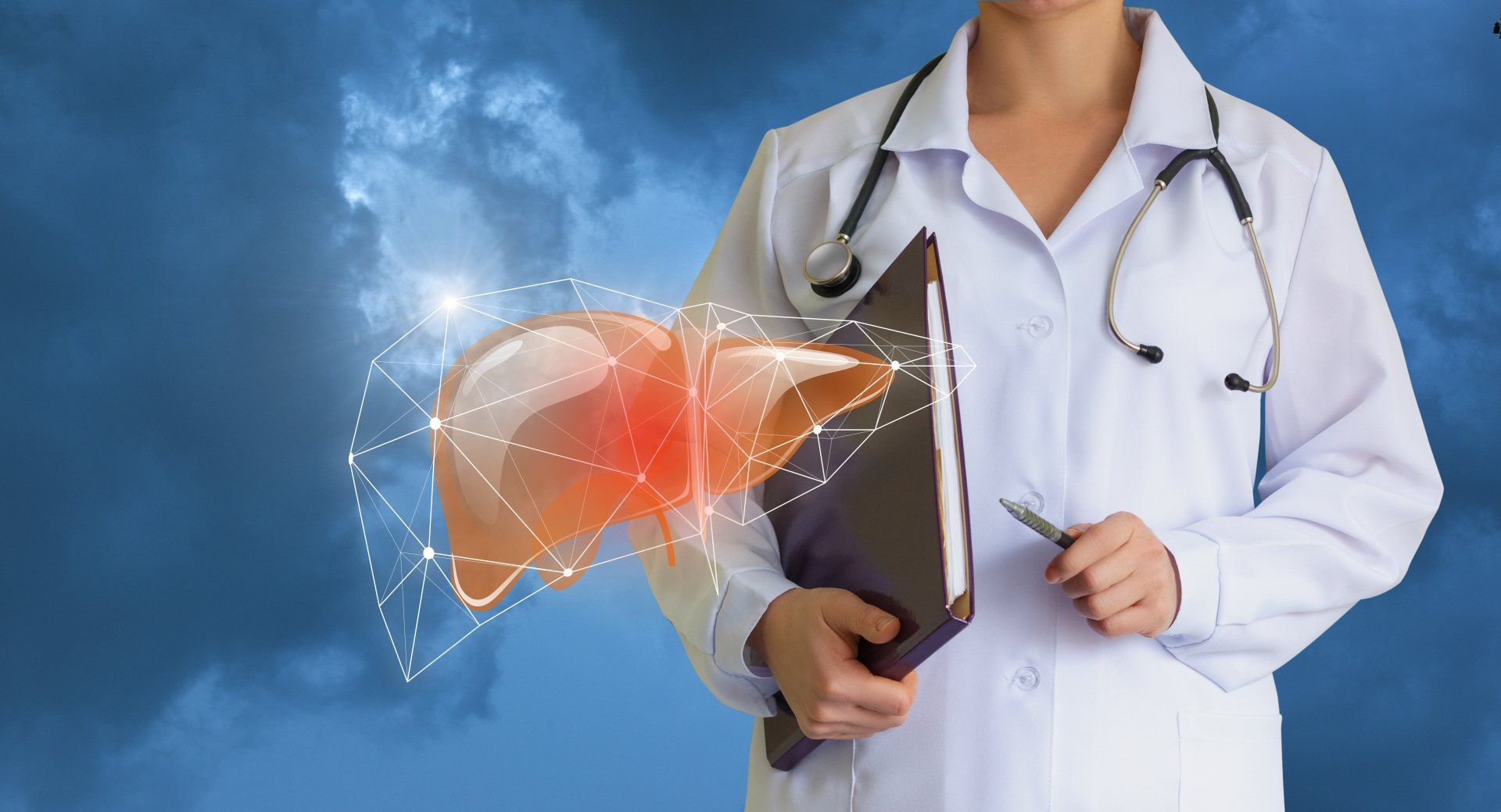 Image of a doctor in lab coat, holding files and a pen, with a rendering of a liver superimposed.
