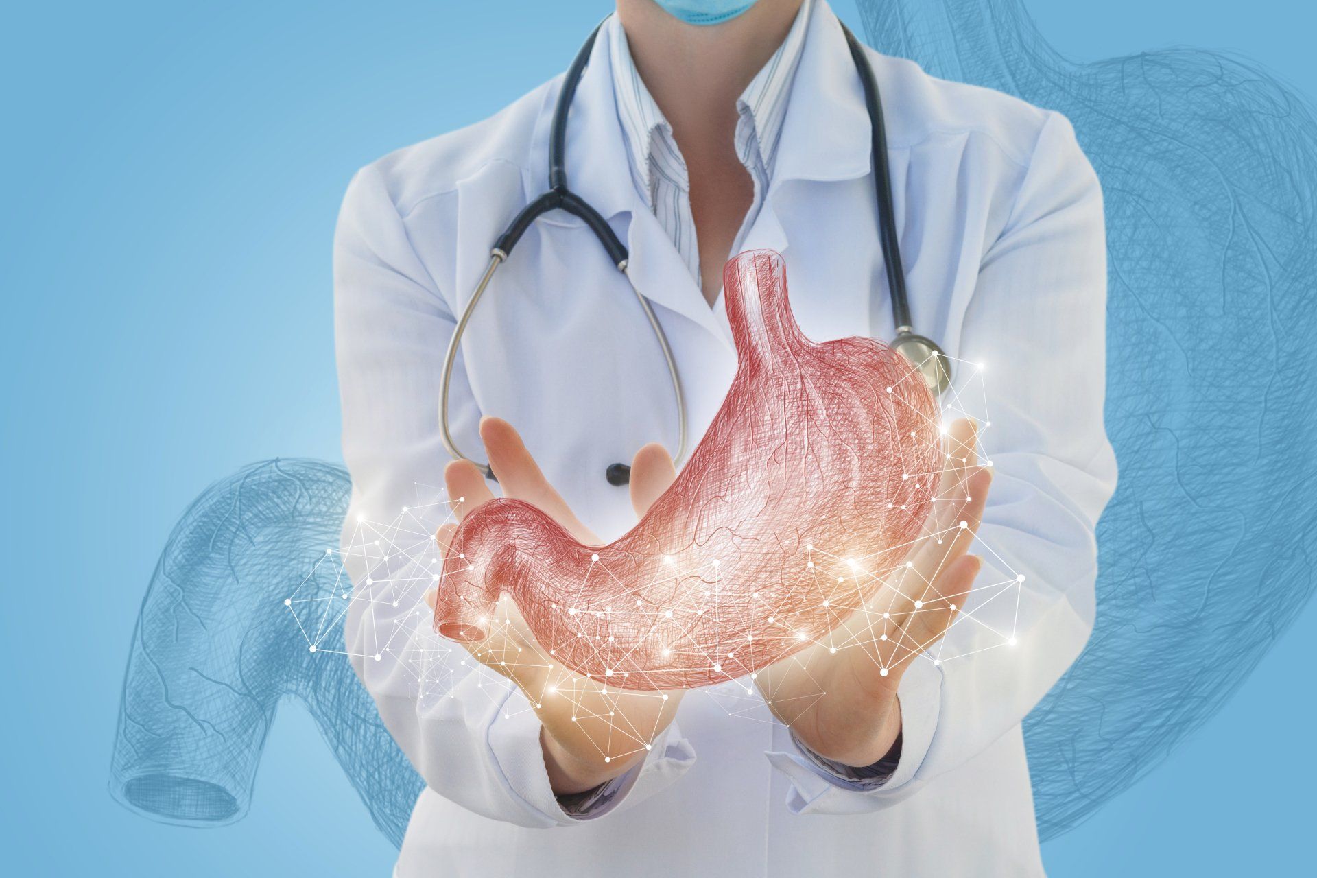 A computer generated image of a doctor with a sketched drawing of a stomach.