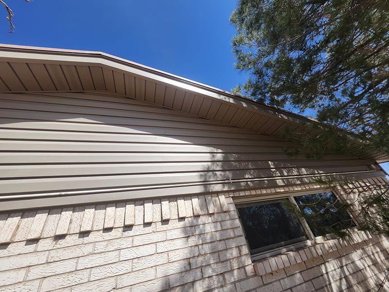 Side of a beige house with white brick, horizontal siding, a window, and tree branches overhead under a blue sky