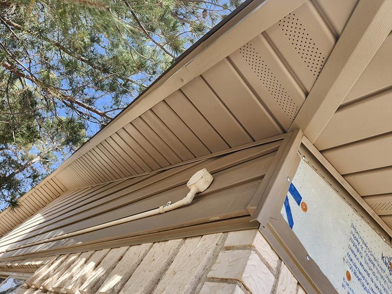 Exterior close-up of house eaves, siding, and soffit under trees with a cable running along the wall