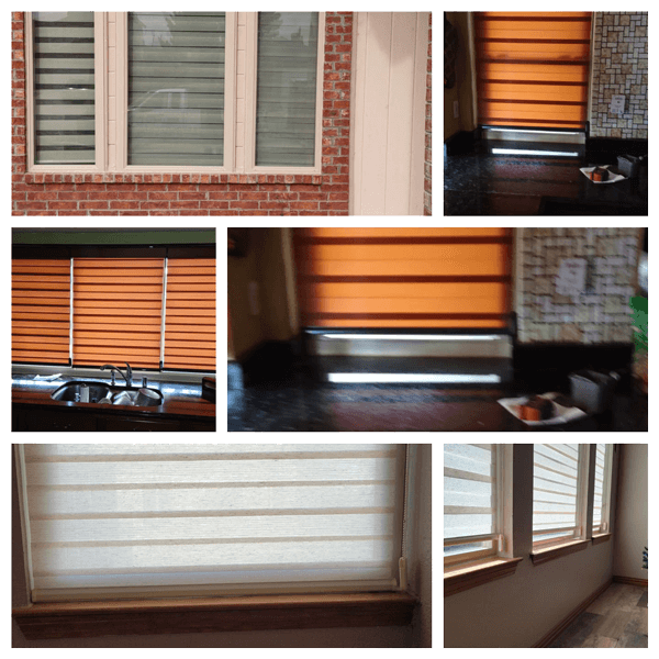 Collage of windows with closed tan and white blinds, showing light filtering through slats