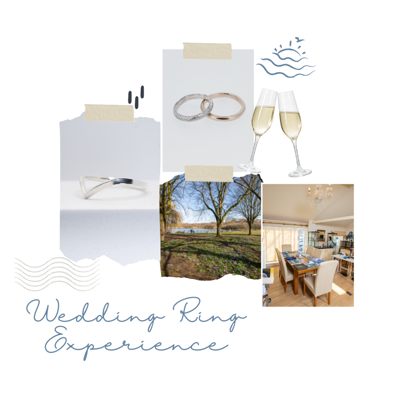 A collage of wedding rings and champagne glasses with the words wedding ring experience