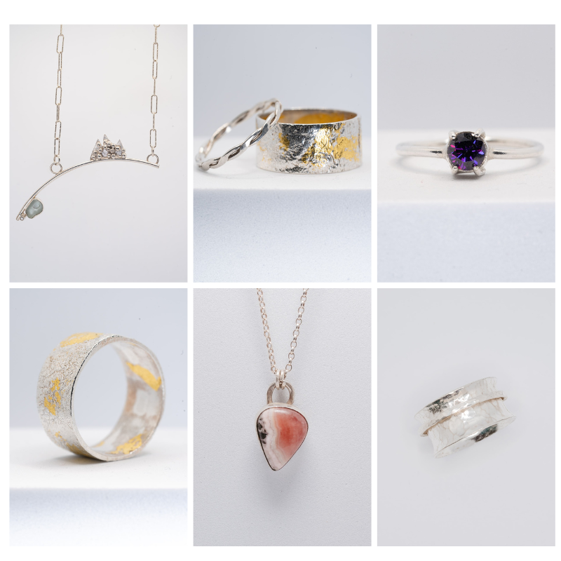 A collage of silver jewelry including rings necklaces and bracelets