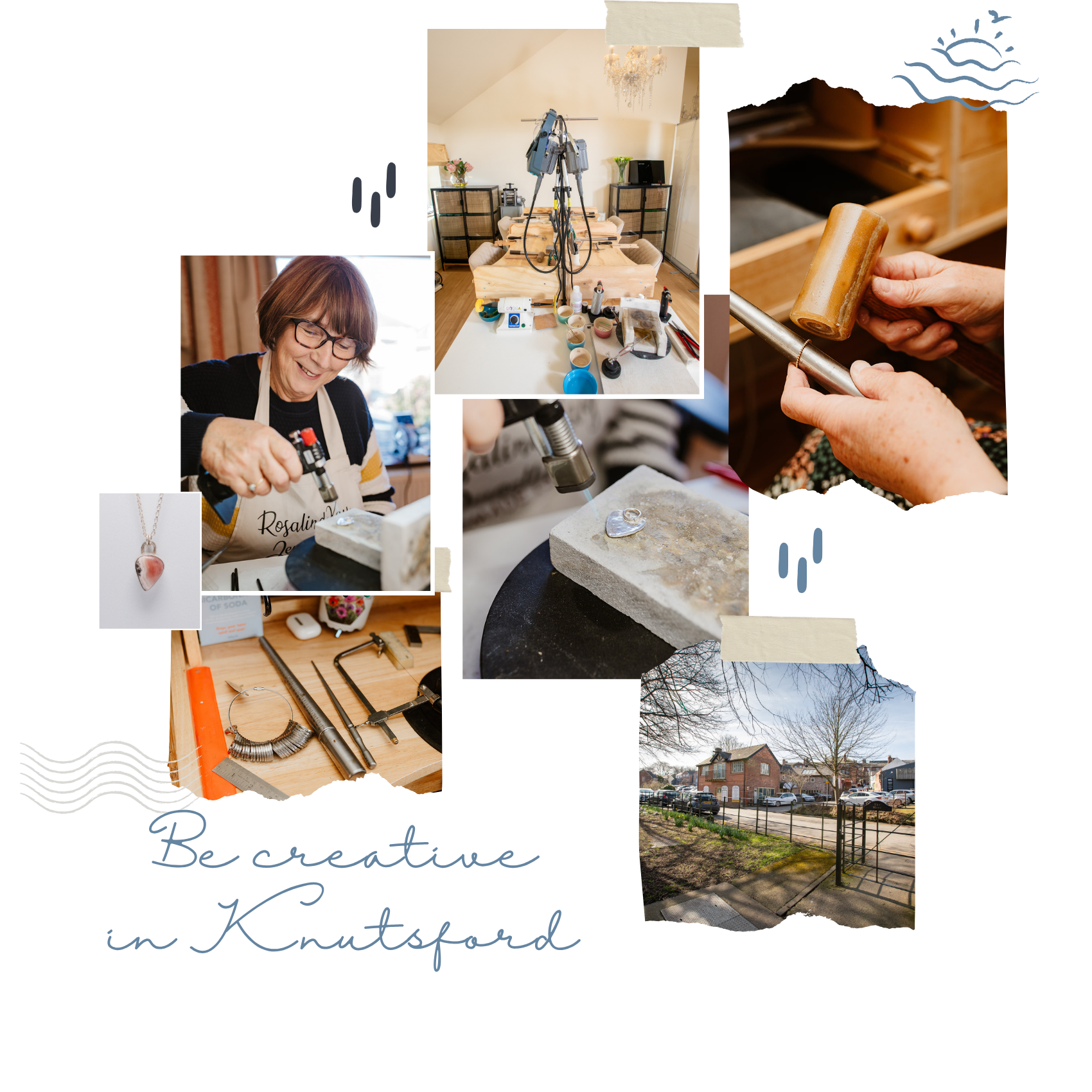 A collage of photos of a woman making jewelry with the words `` be creative in knutsford ''.