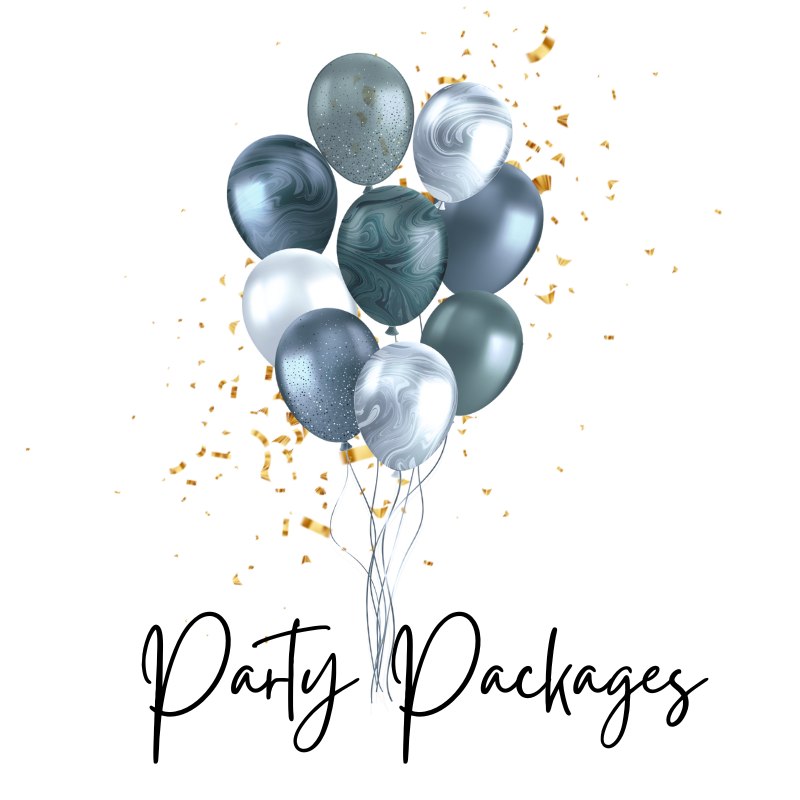 A bunch of balloons with the words `` party packages '' written below them.