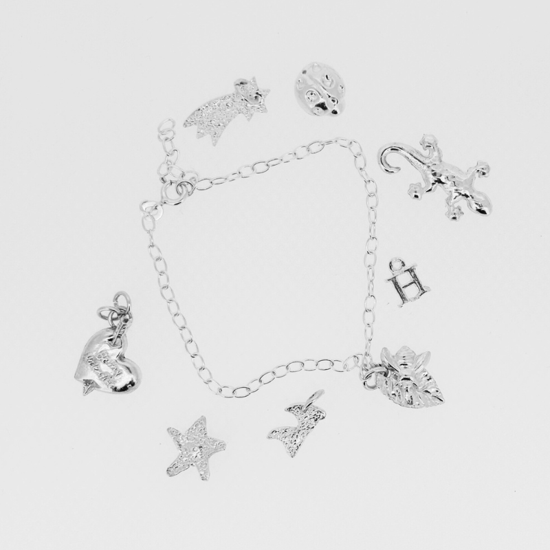 A silver bracelet with various charms on it