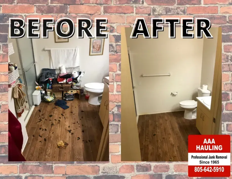 A before and after photo of a bathroom with a brick wall in the background.