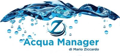 Logo per Acqua Manager di Mario Ziccardo; gocce d'acqua blu con la lettera Z al centro
