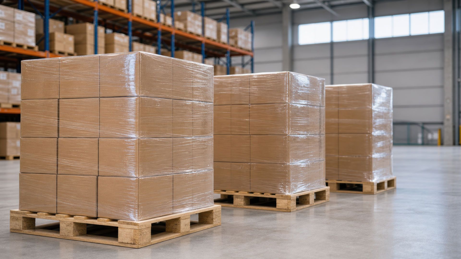 Pallets of shrink-wrapped cardboard boxes stacked in a warehouse