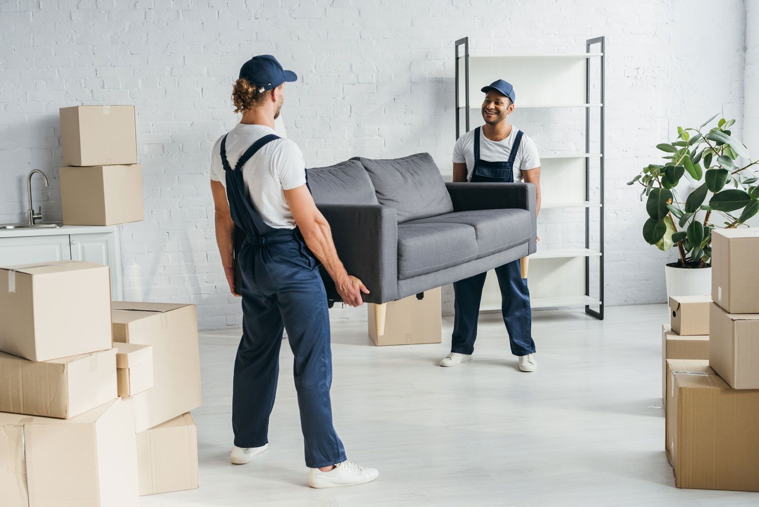 Two movers carrying a gray sofa in a bright room with moving boxes and a plant