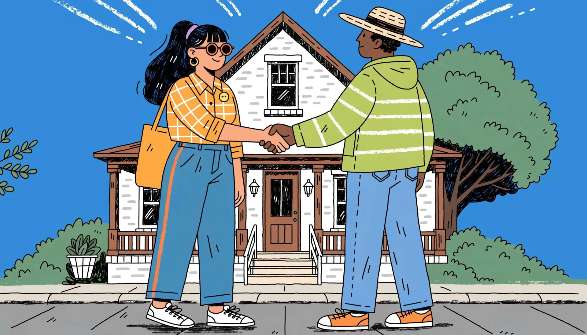 Colorful illustration of a home seller and a buyer shaking hands in front of a house after closing a cash sale agreement.