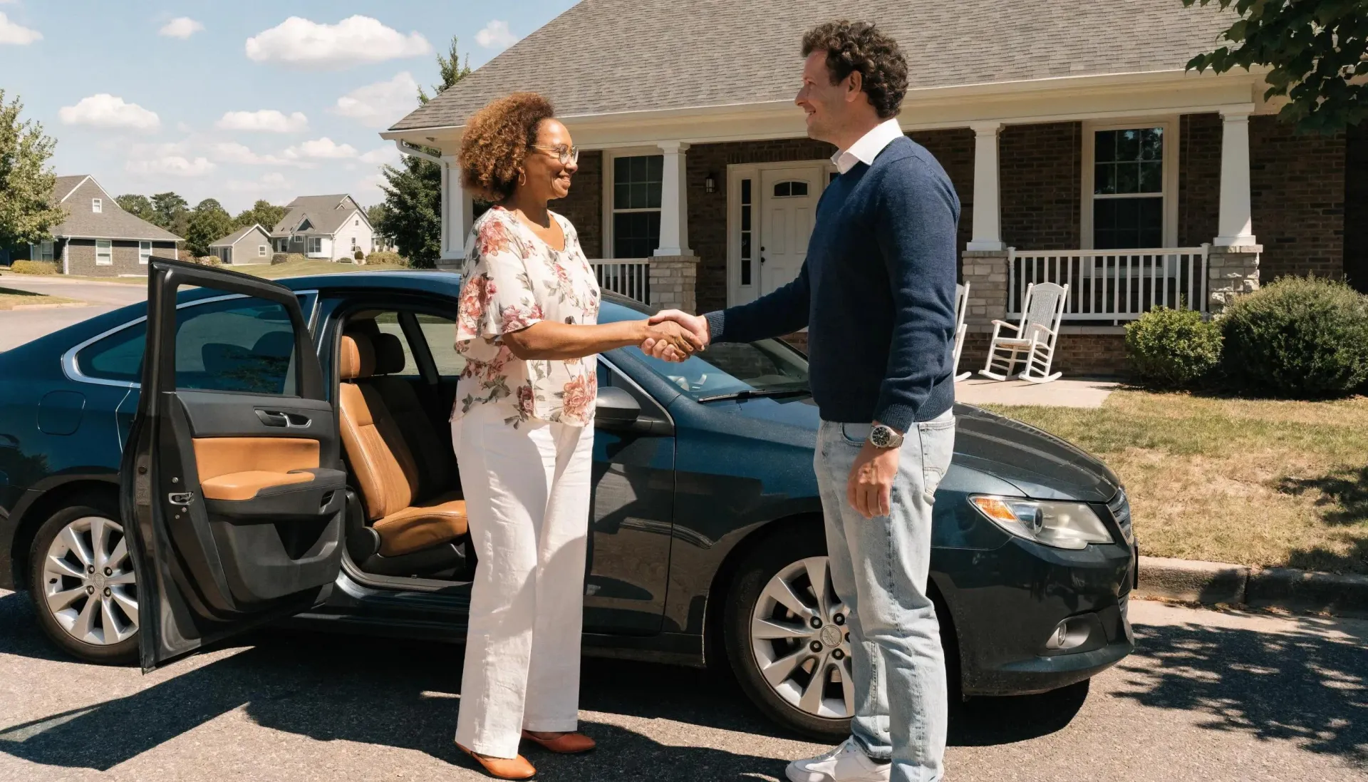 Pierce County homeowner shaking hands with a direct property buyer outside a residential house after agreeing to a private sale