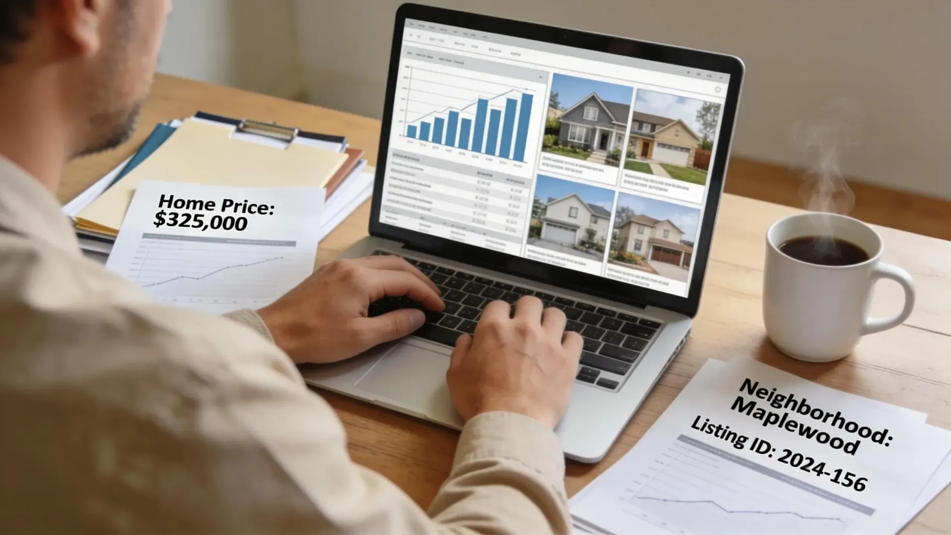 Person reviewing property values, housing charts, and neighborhood real estate data on a laptop beside a home price estimate document.