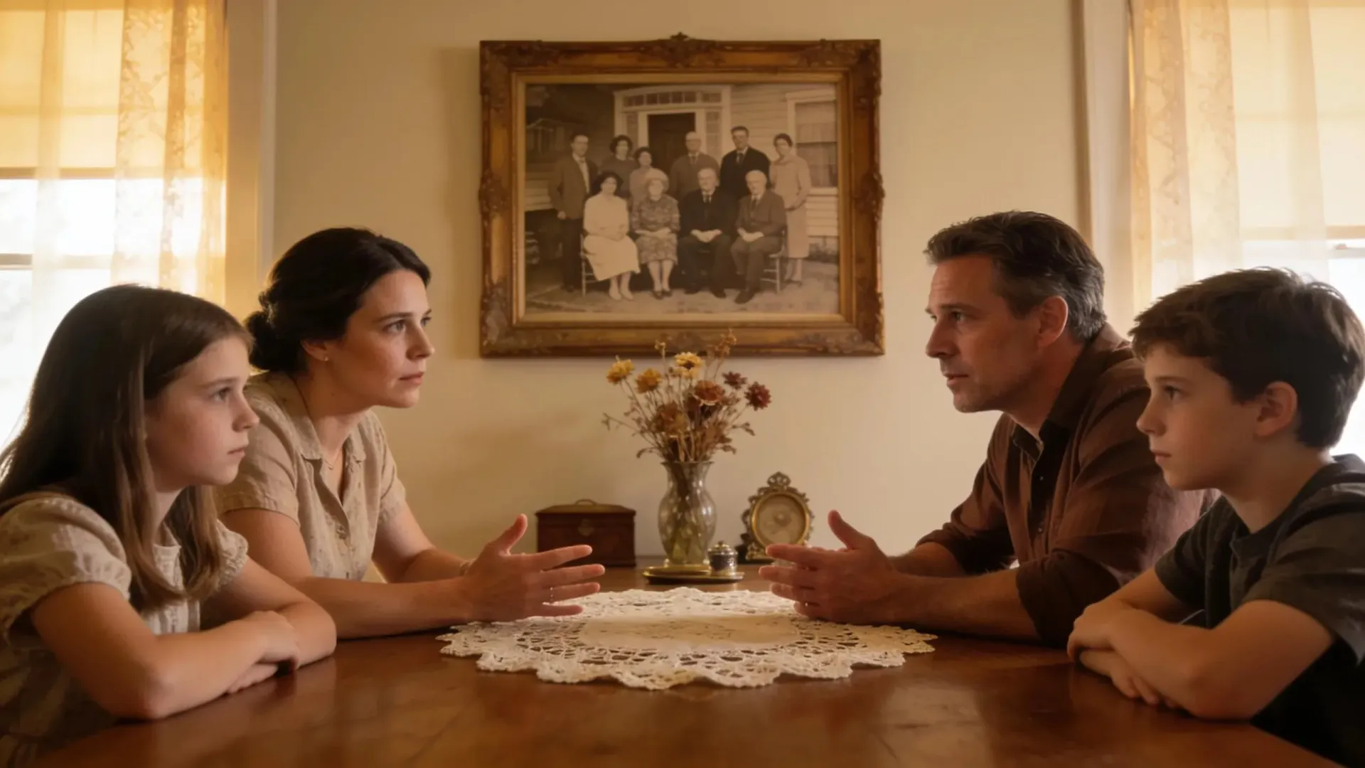 Family having an earnest discussion around the dining table about selling their home and navigating financial decisions