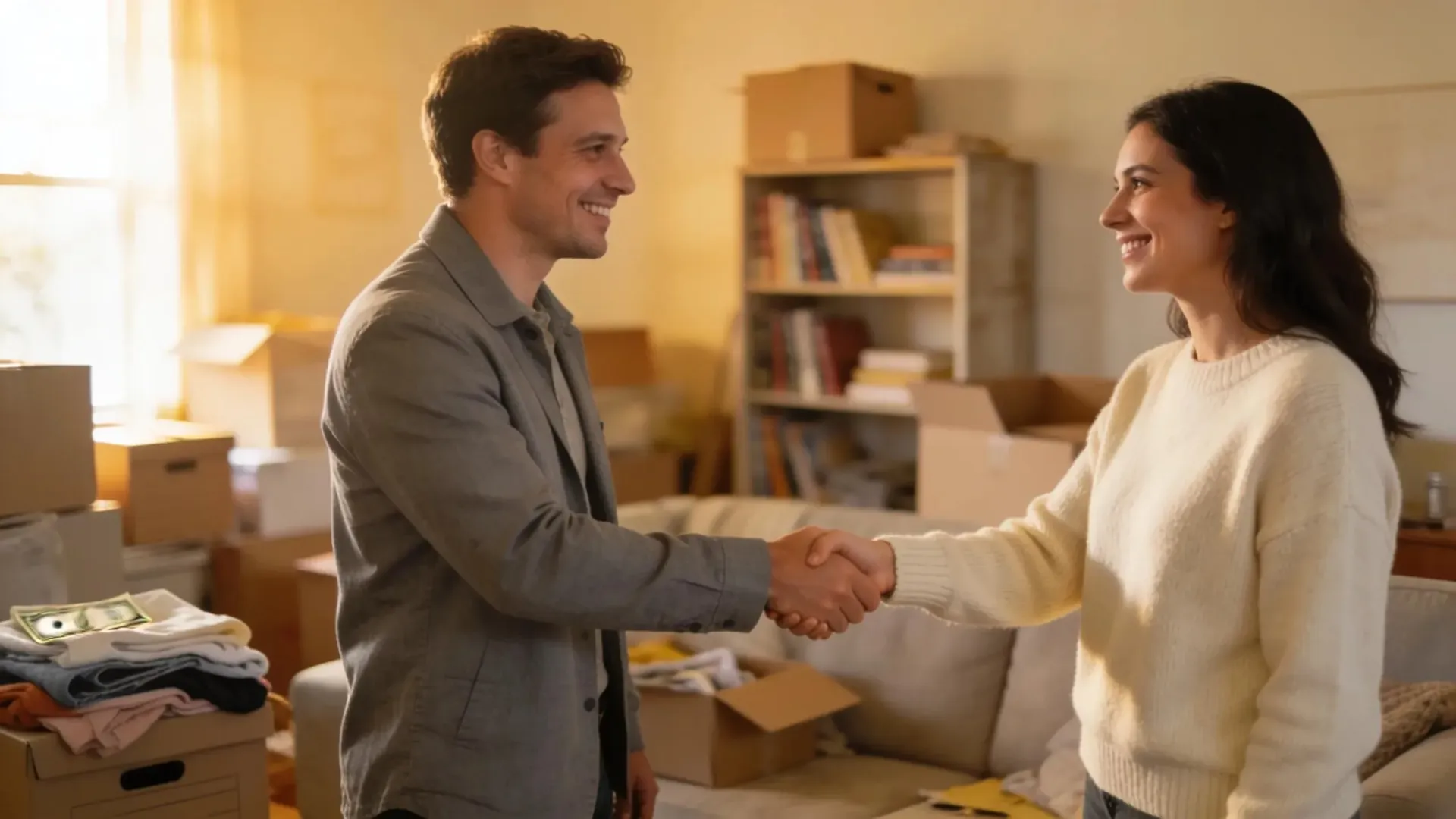 Tacoma homeowner smiling and shaking hands with a local Jay Primrose Properties cash buyer in a home ready for sale