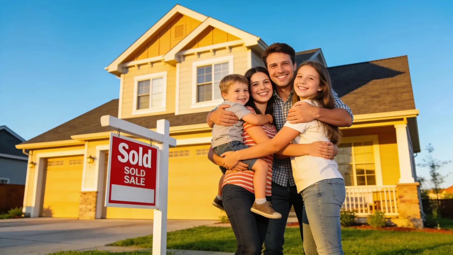 Smiling family hugging in front of their Pierce County house with a Sold sign in the front yard