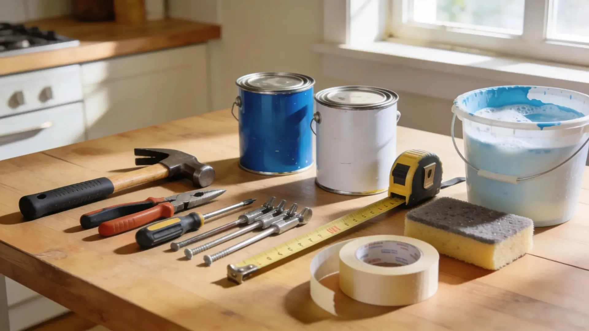 Renovation tools, paint cans, and tape on a table representing costly repairs before listing a home