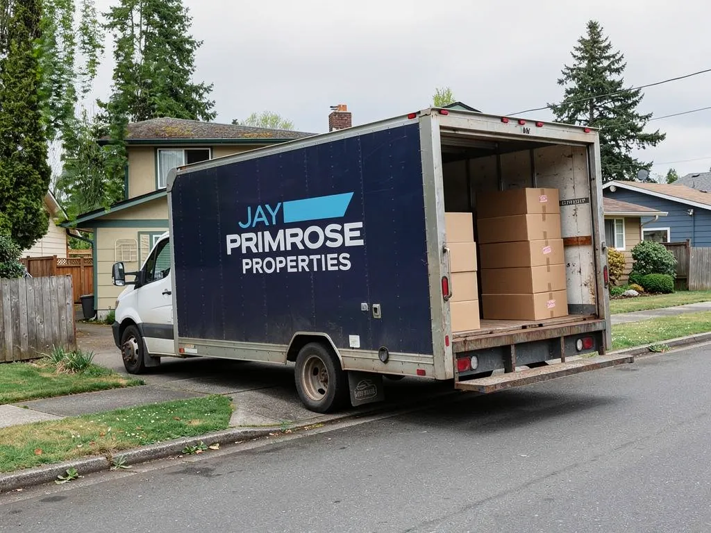 Jay Primrose Properties branded moving truck loaded with boxes helping Tacoma homeowners relocate