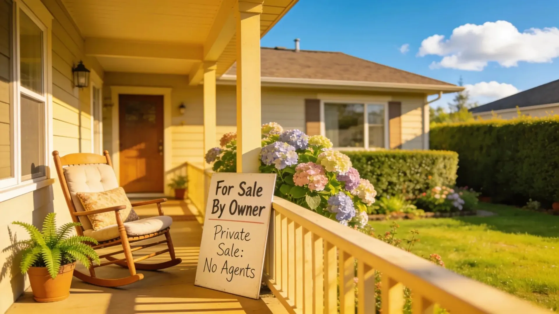 Front porch with a For Sale By Owner private sale sign leaning on railing in Pierce County WA