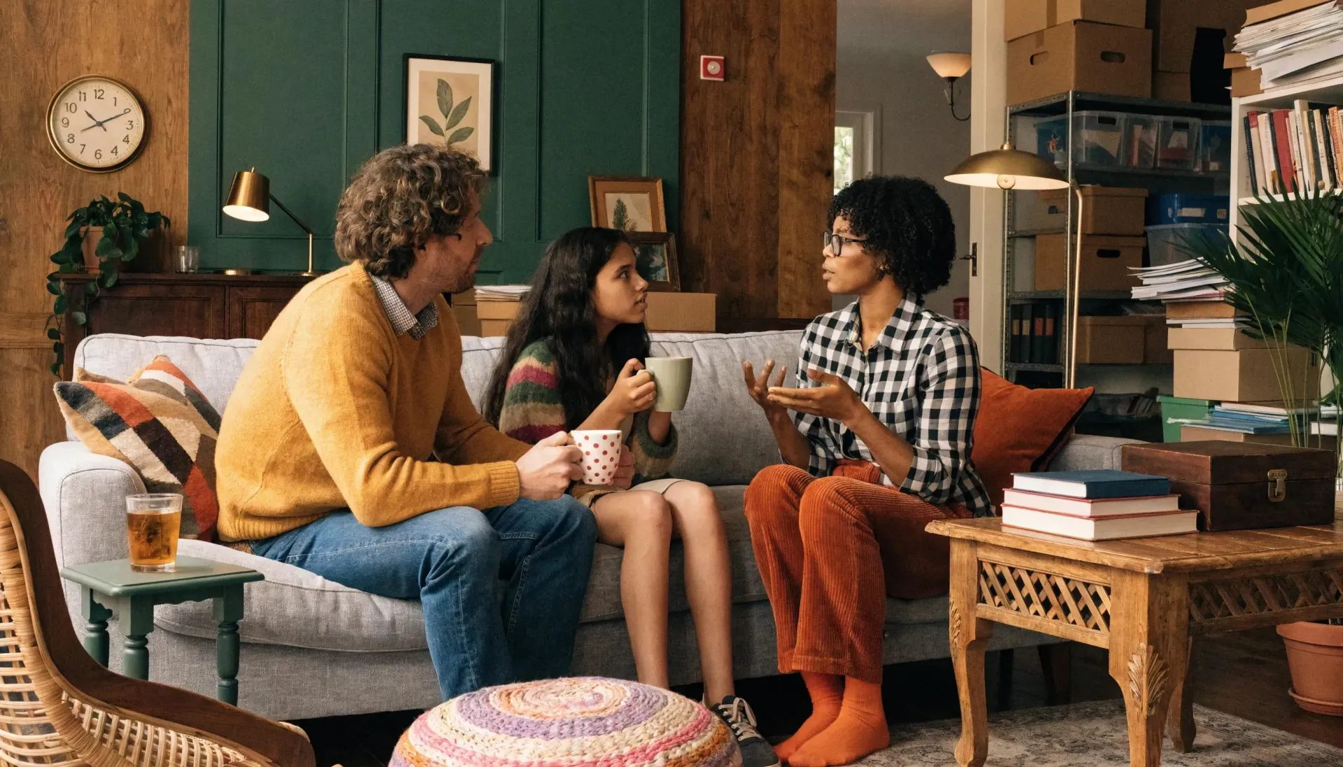 Homeowners sitting on a sofa discussing options with a local real estate advisor in a full home