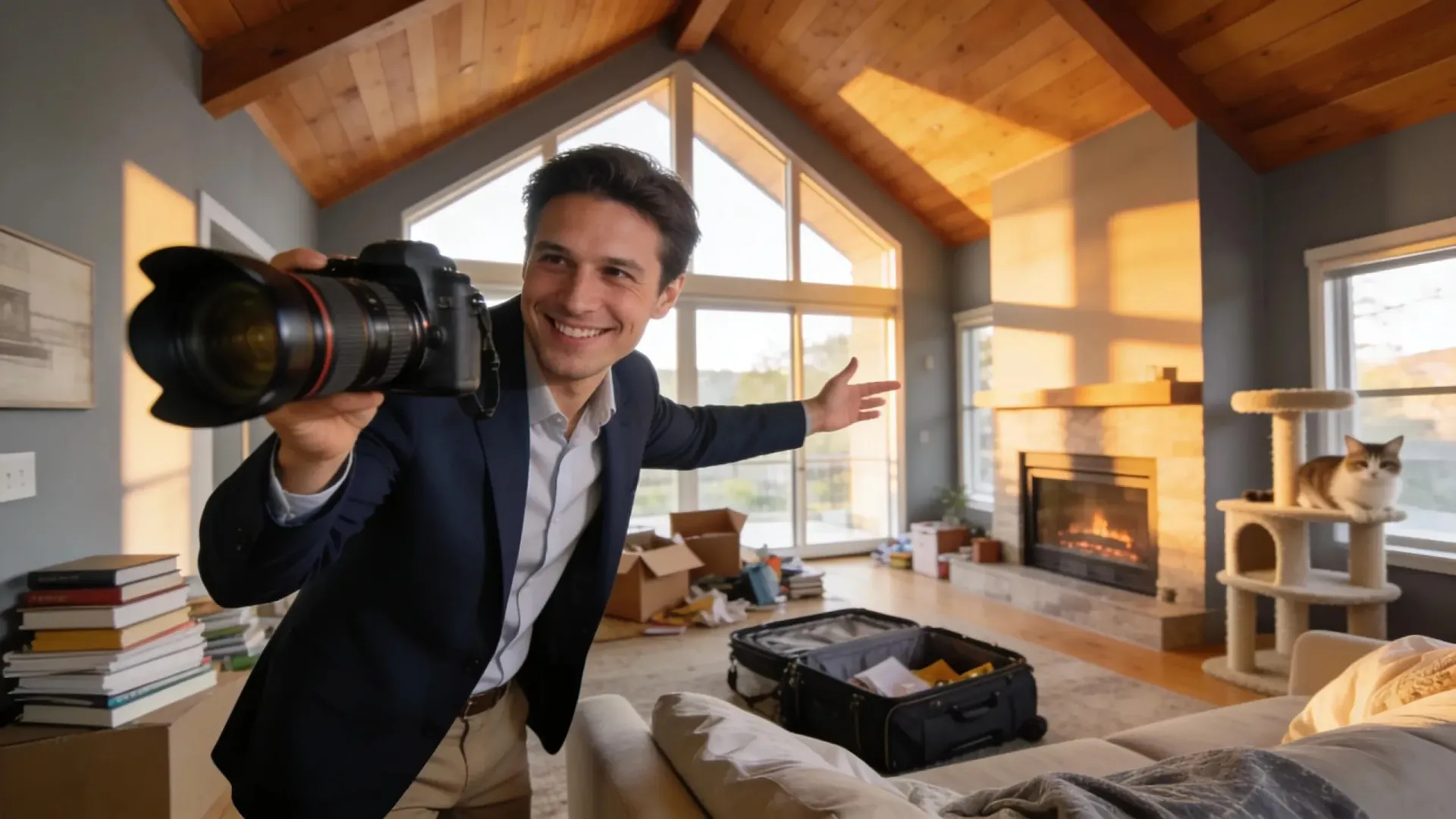 Real estate photographer holding a camera in a sunlit Tacoma living room filled with packed moving boxes, luggage, and clutter.