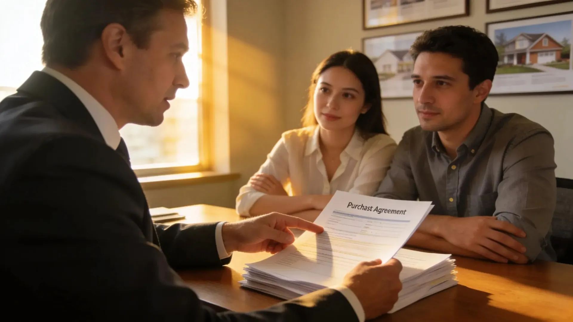 Couple sitting across a table reviewing a real estate purchase agreement document with an advisor.