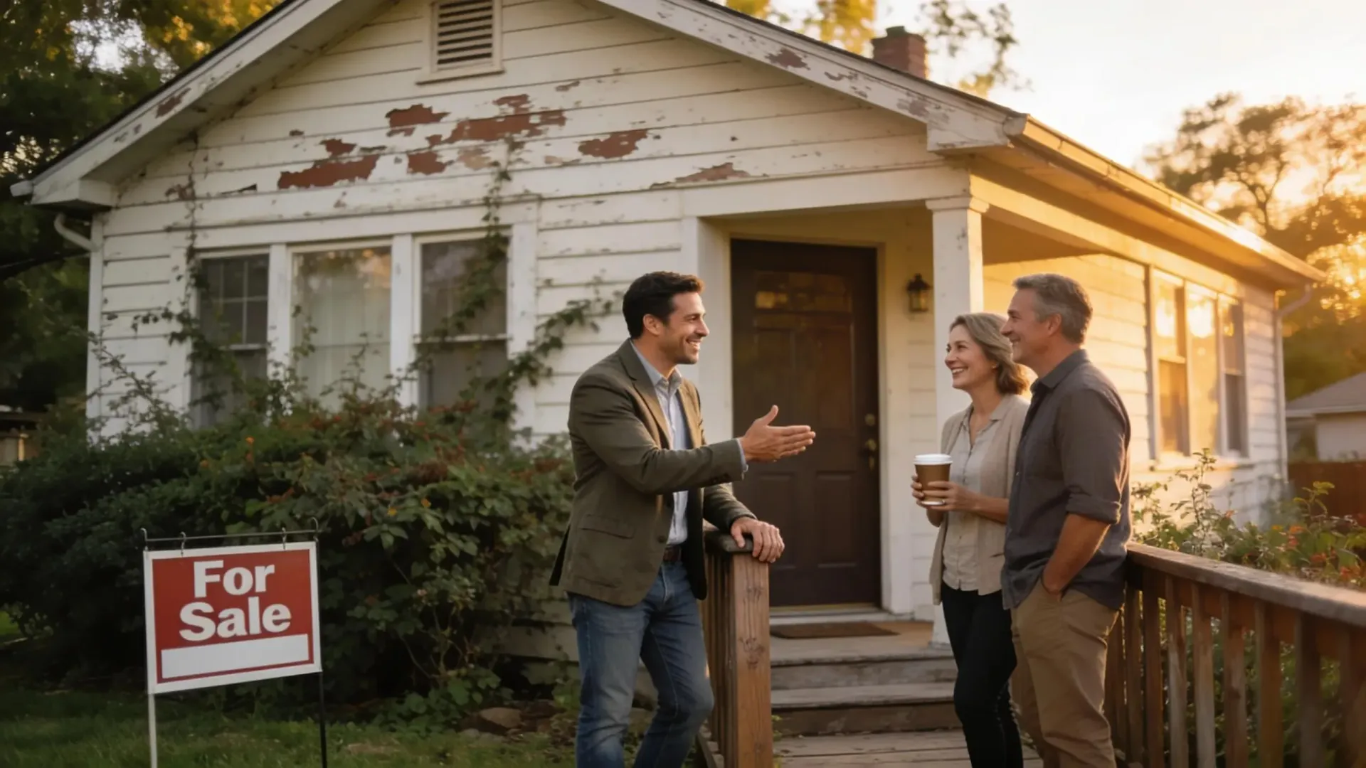 Real estate advisor greeting a couple on their front porch in front of a home with peeling exterior paint and a For Sale sign.