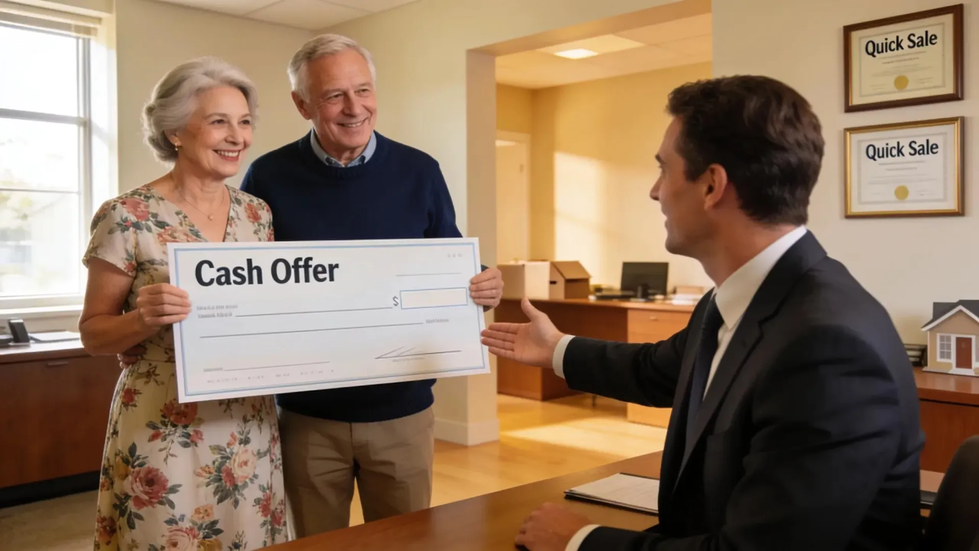 Happy senior couple holding a large symbolic Cash Offer check at a closing desk with a buyer.