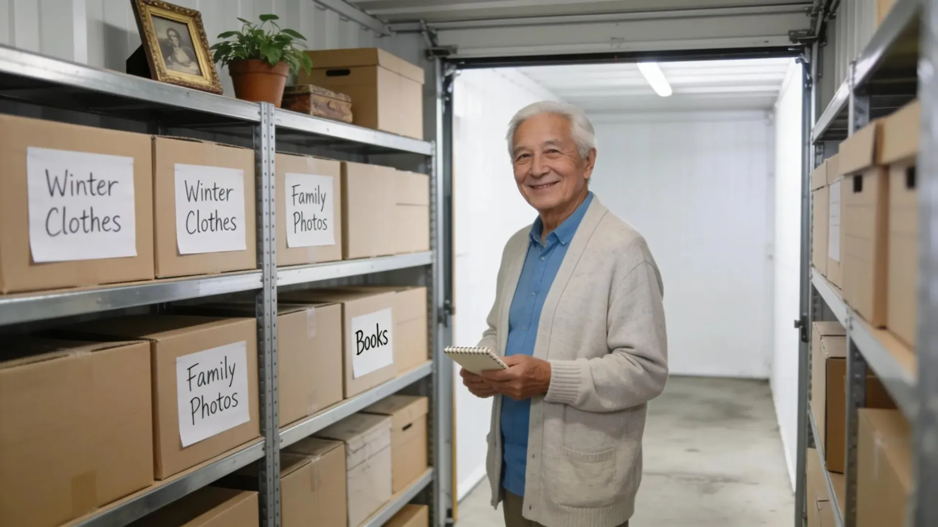 Senior man holding a notepad in a storage unit filled with neatly organized shelves and labeled moving boxes.