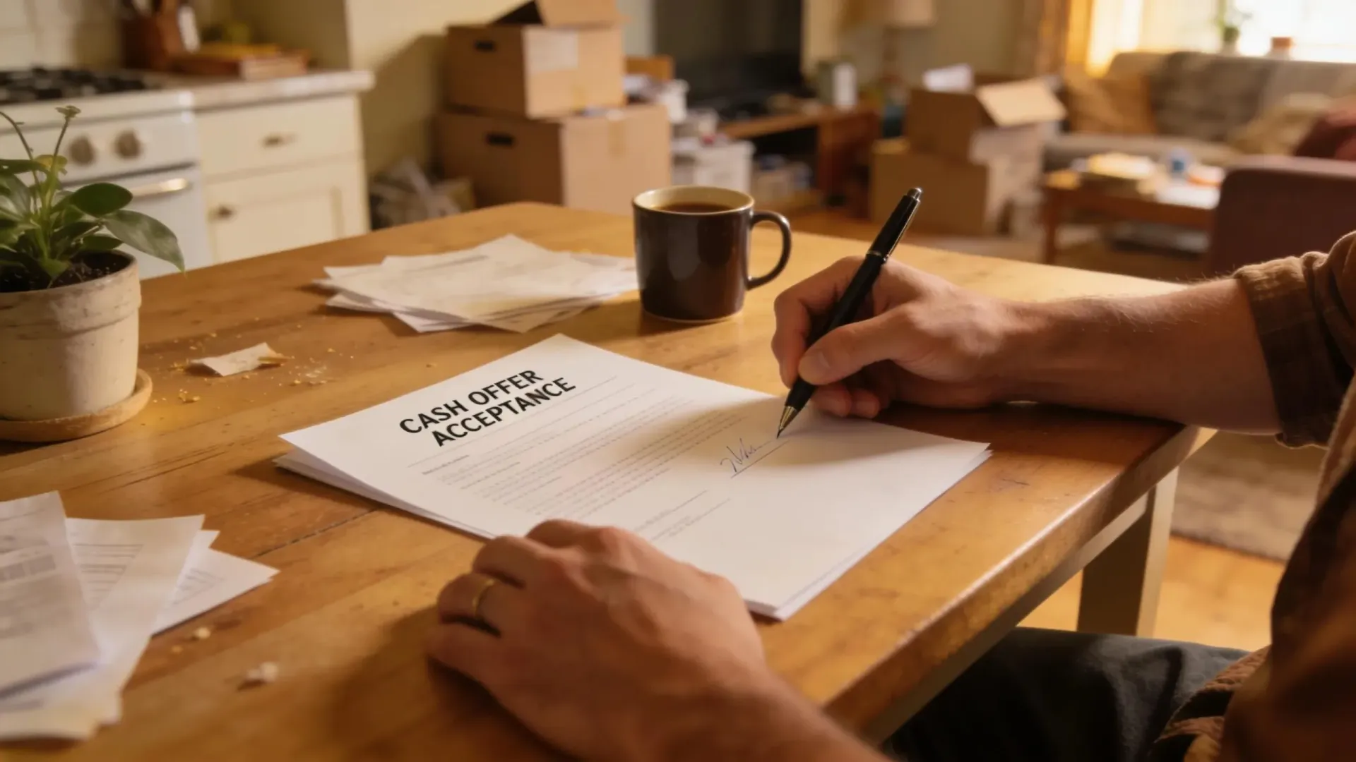 Homeowner signing a cash offer acceptance agreement to sell a cluttered property in Pierce County WA