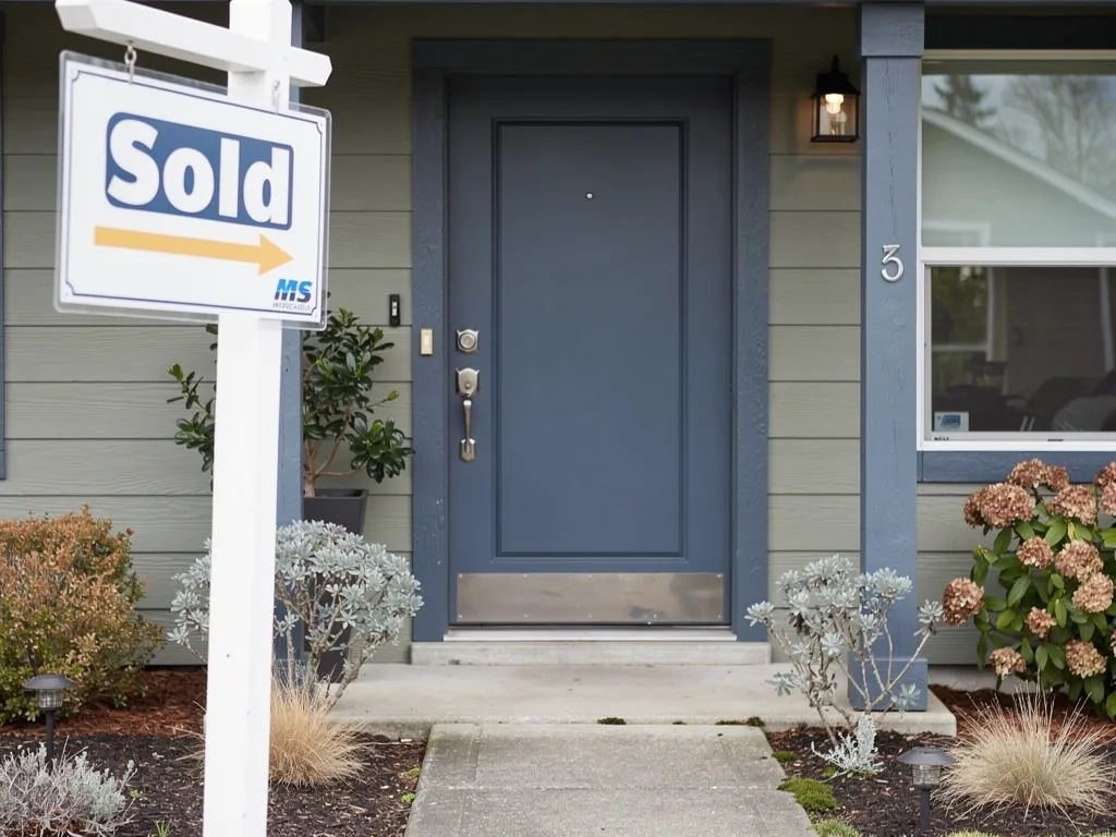 Sold home with yard sign and blue front door in Pierce County Washington
