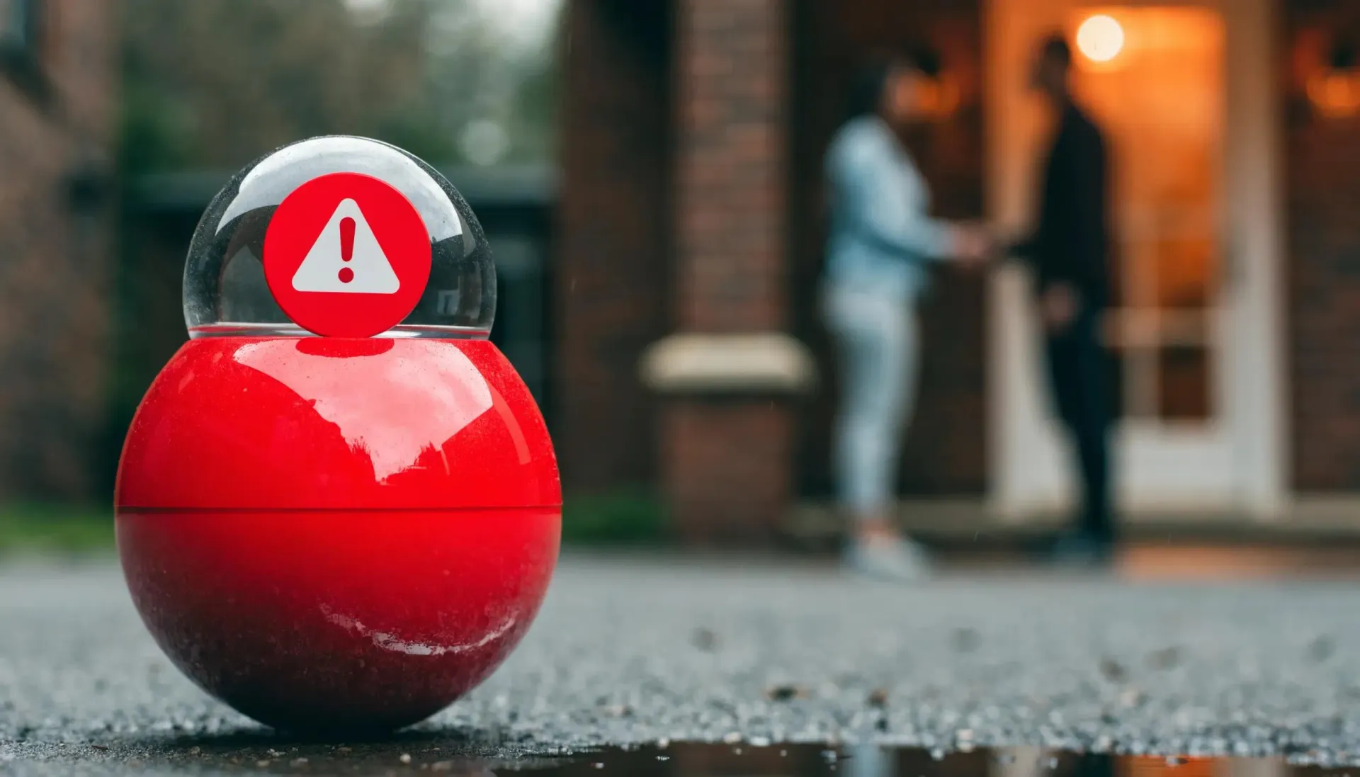 Red warning icon inside a glass sphere on a driveway in front of a house, symbolizing real estate scam alert signs.