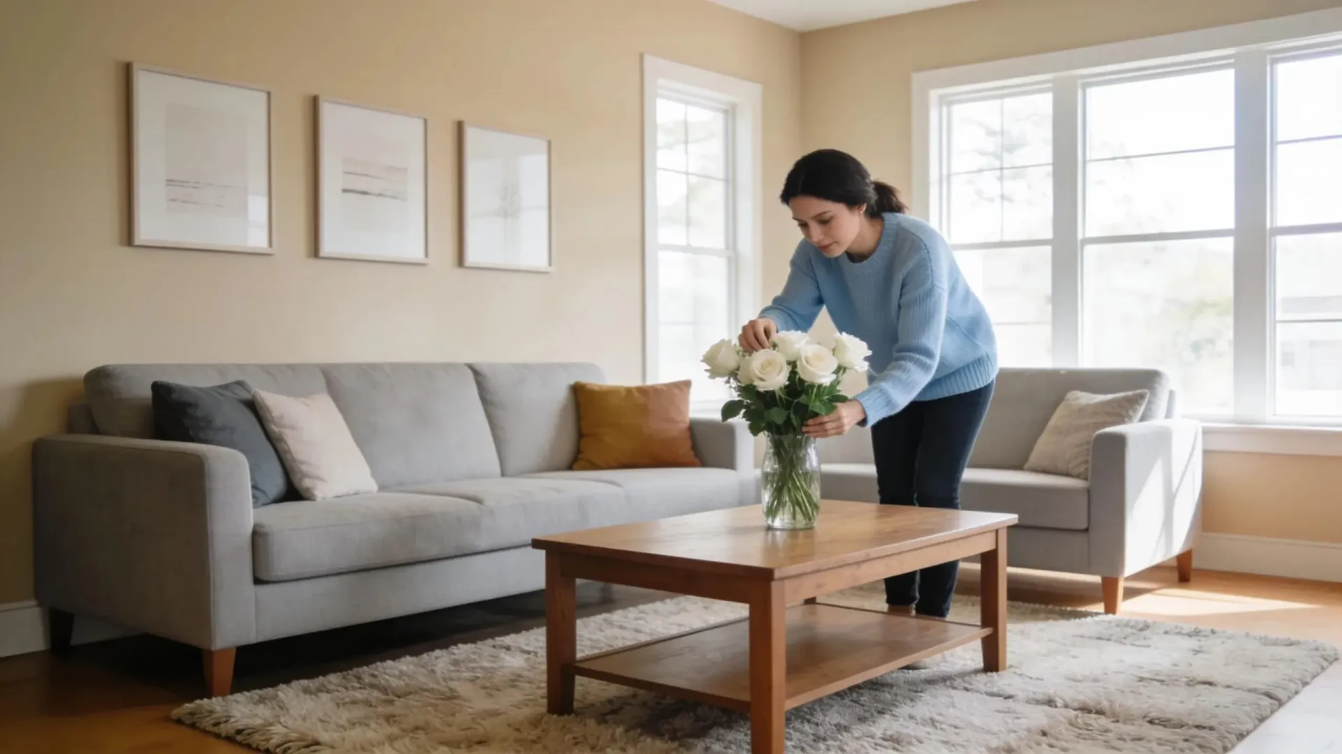 Woman arranging a vase of white roses on a coffee table in a staged modern living room before a home showing.
