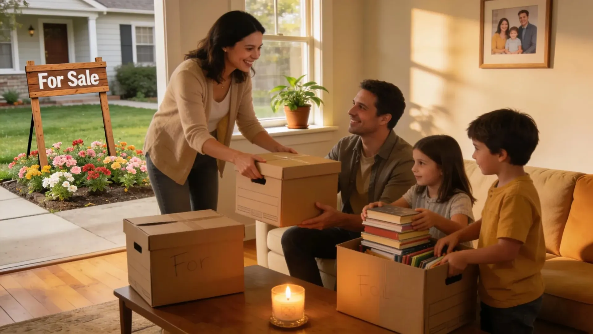 Happy Washington family packing only treasured belongings while leaving unwanted furniture behind