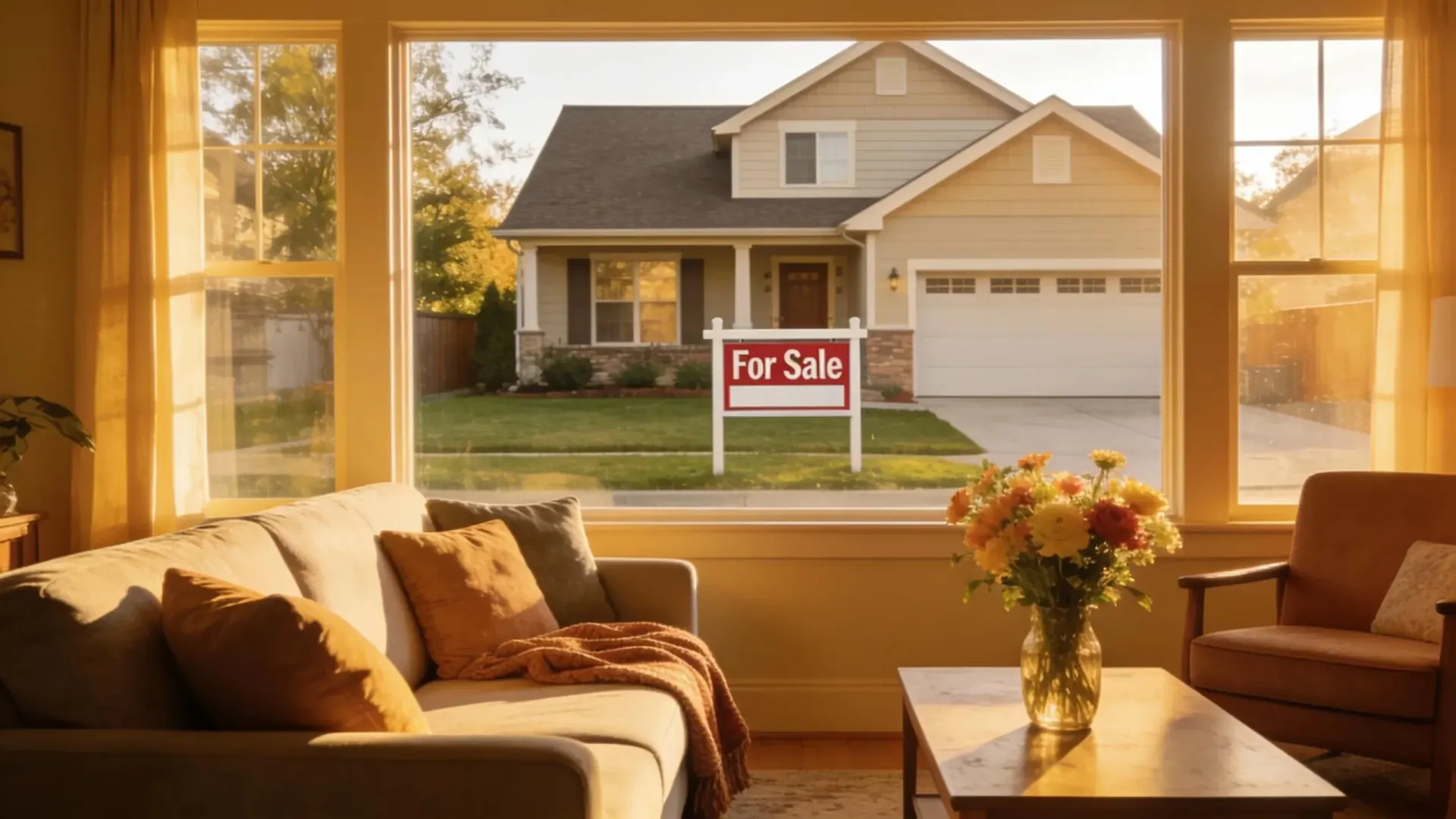 View through a living room window of a house across the street with a For Sale yard sign in Pierce County WA
