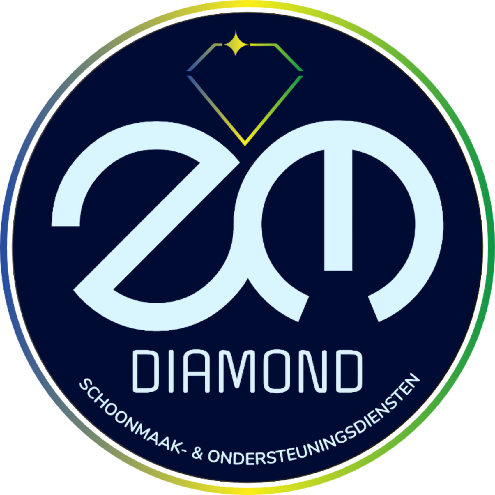 Logo voor ZM Diamond, schoonmaak- en onderhoudsdiensten. Donkerblauwe cirkel met witte tekst/grafische elementen.