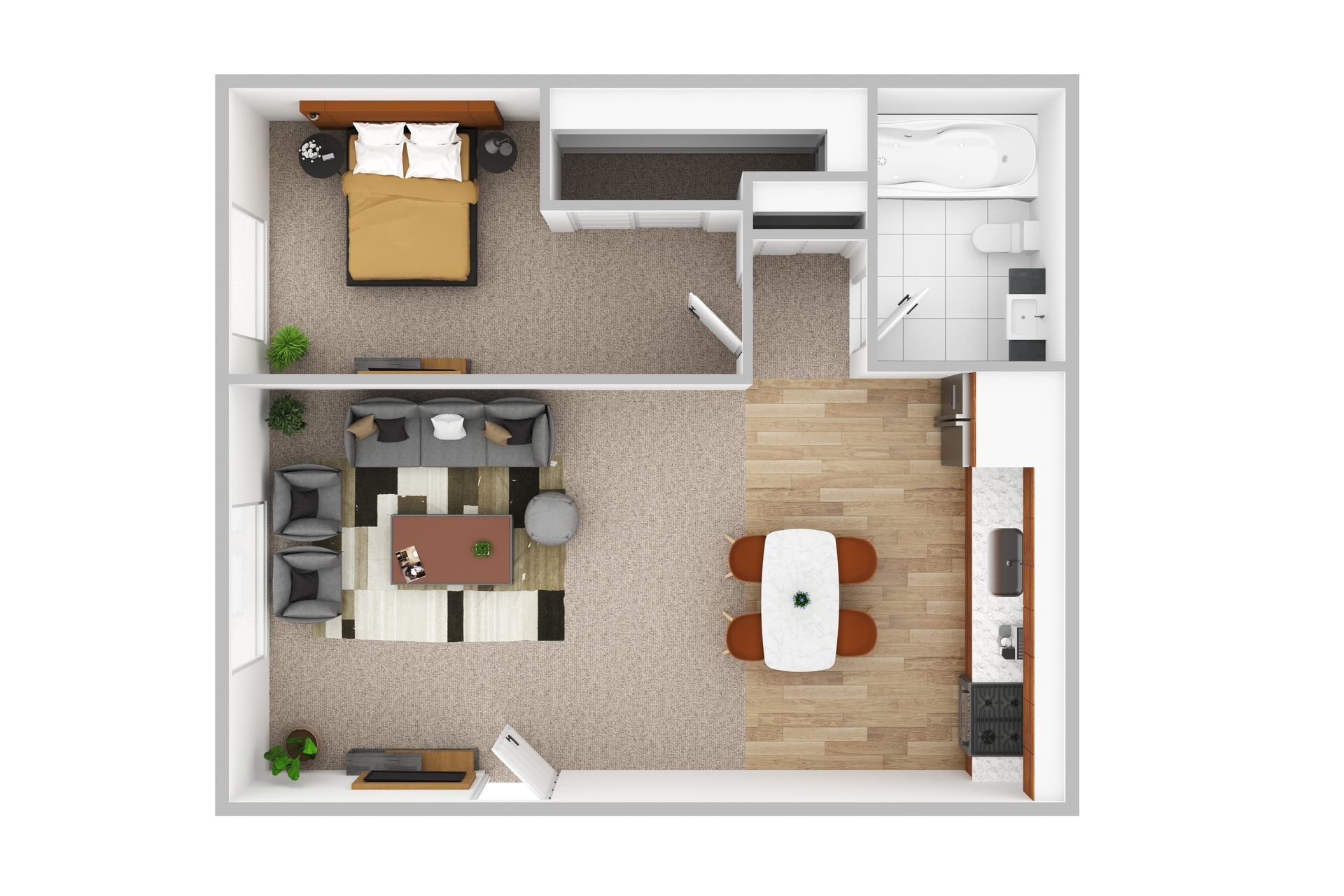 A 3d floor plan of a small apartment with a bedroom , living room , dining room , and kitchen.
