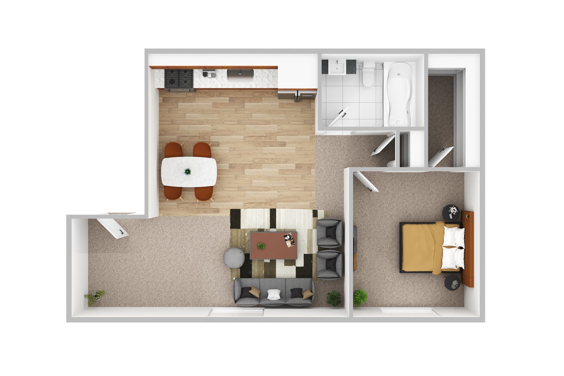 A 3d floor plan of a small apartment with a bedroom , living room , dining room , and kitchen.