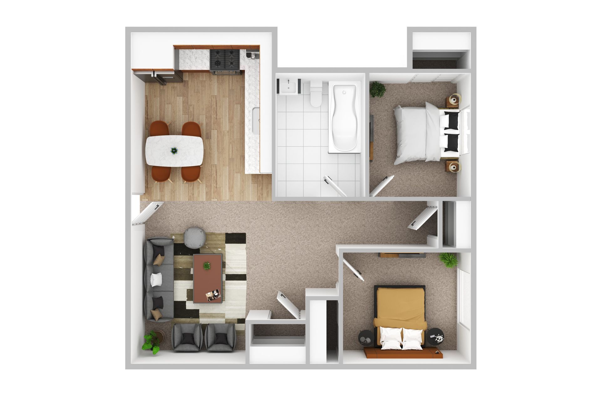 A 3d floor plan of a small apartment with a bedroom , living room , and bathroom.