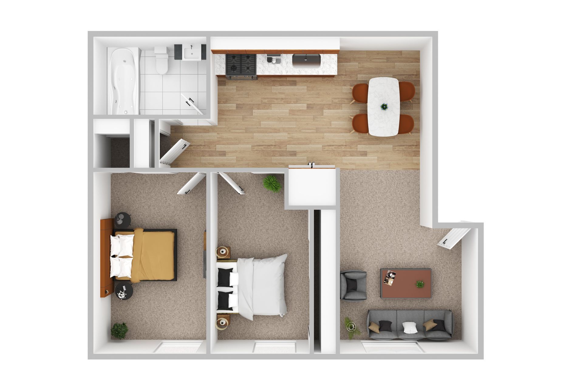 A 3d floor plan of a small apartment with a bedroom , living room , dining room , and bathroom.