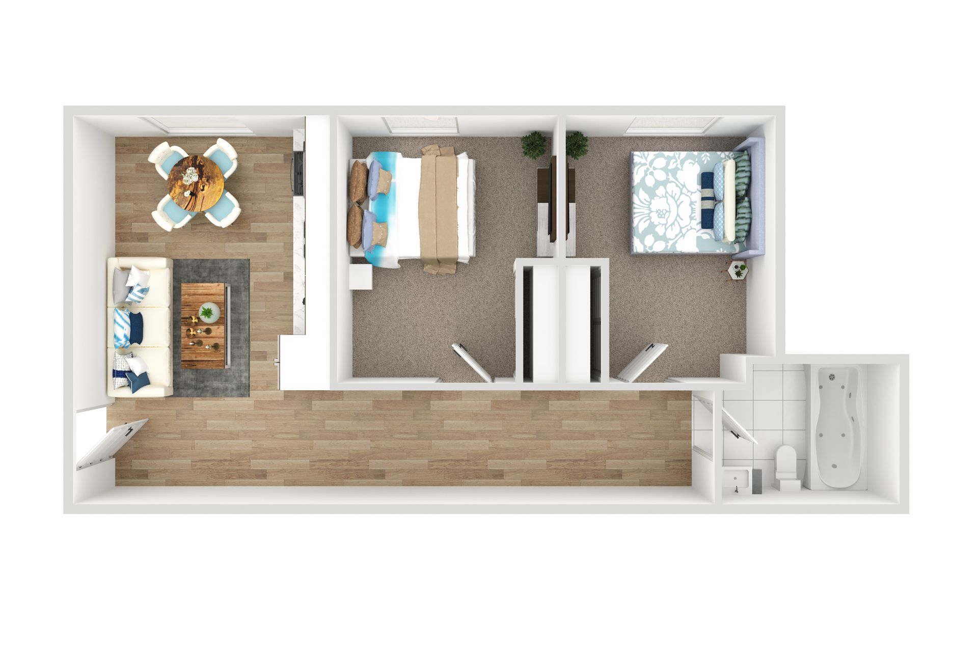 A 3d floor plan of a small apartment with two bedrooms and a bathroom.
